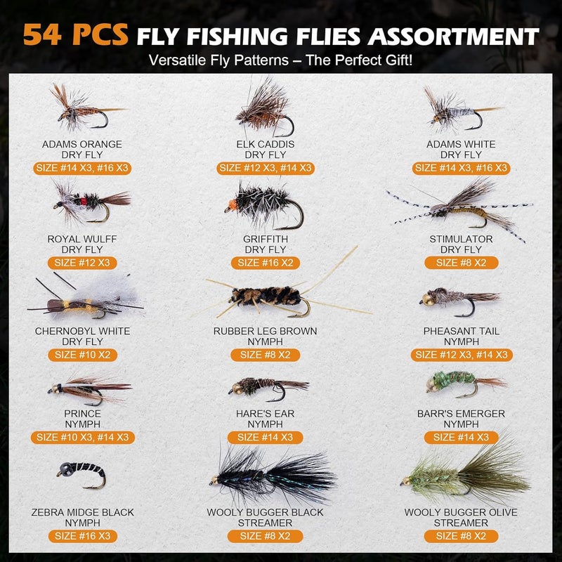 Goture Fly Fishing Flies Kit, 54pcs Dry Wet Flies Streamers Nymphs with Wooden Fly Box, Bass Trout Steelhead Salmon Lures Set Assortment Kit, Gifts for Men - Image 2